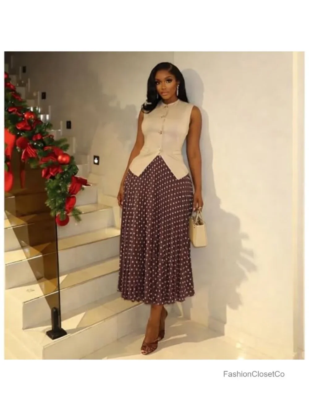 Women Pleated Maxi Skirt High Rise Polka Dot Long Skirt